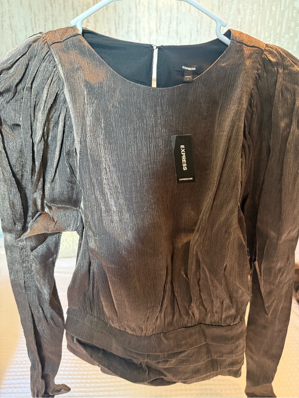 Express Metallic Long-Sleeve Pleated Top
